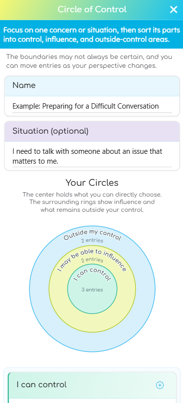 Circle of Control worksheet with a difficult-conversation example and the upper portion of its control, influence, and outside-control circles.