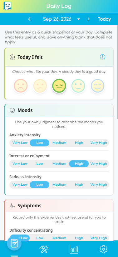 Daily Log example showing a daily feeling and recorded anxiety, enjoyment, sadness, and concentration.