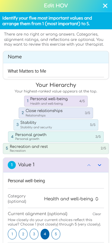 An example Hierarchy of Values worksheet with ranked values