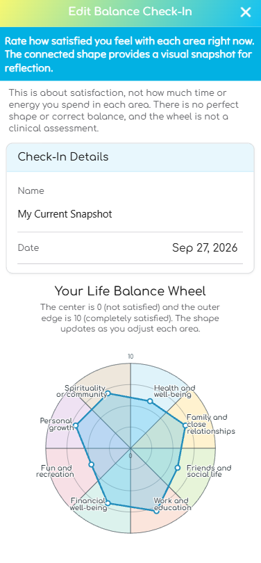 Life Balance wheel showing a connected example of satisfaction across eight areas of life.