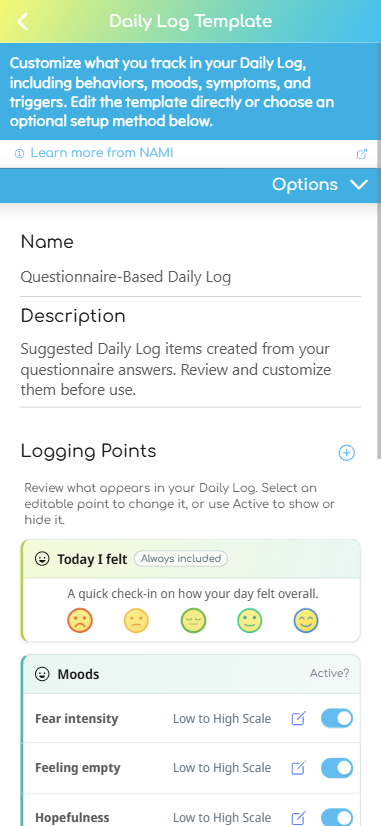 Questionnaire-Based Daily Log template showing suggested logging points that can be reviewed and customized.