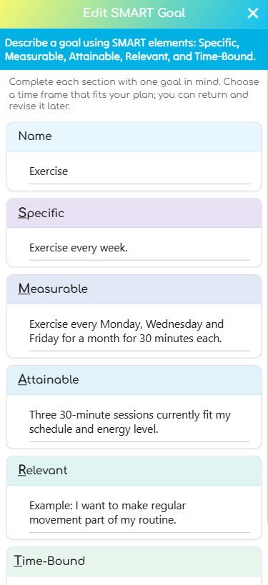 SMART Goal worksheet showing an example exercise goal with specific, measurable, attainable, and relevant details.