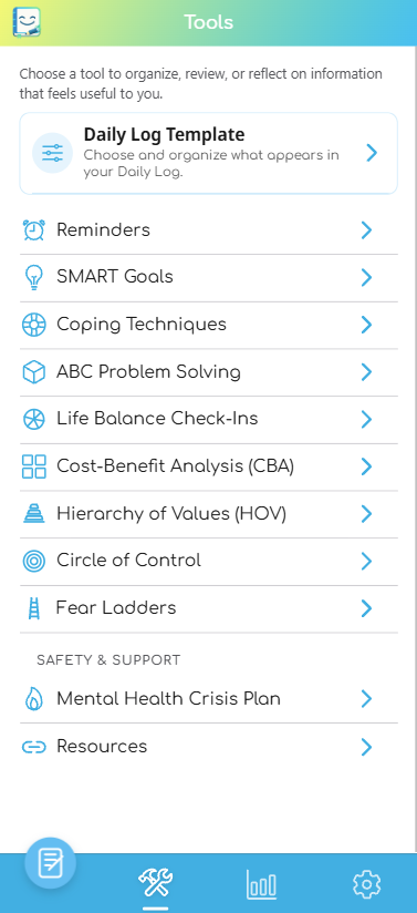 Tools list including Daily Log Template, reminders, structured worksheets, crisis plan, and resources