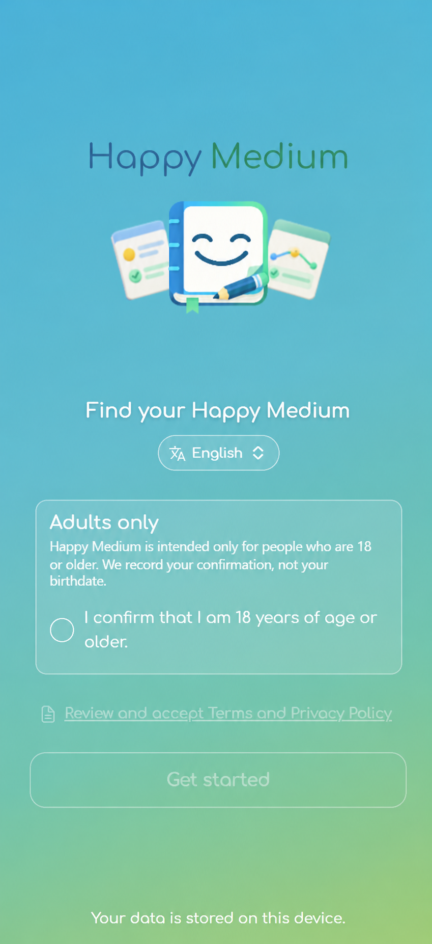 Happy Medium welcome screen with language selection and adult eligibility confirmation.